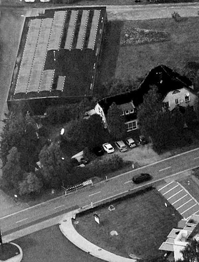 Aerial view of AGA buildings (ca. 1985)